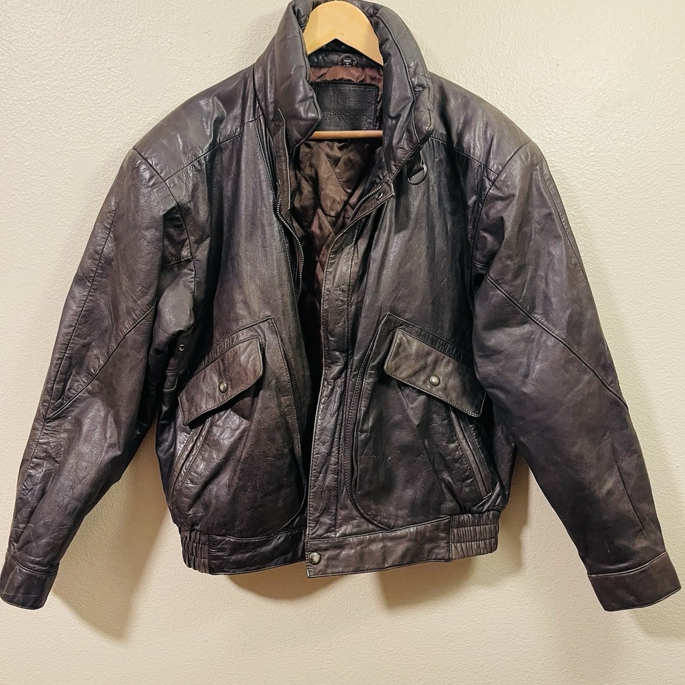 VTG J Riggings Bomber‎ Flight Leather Jacket Brown Padded Collar Lined Sz L READ